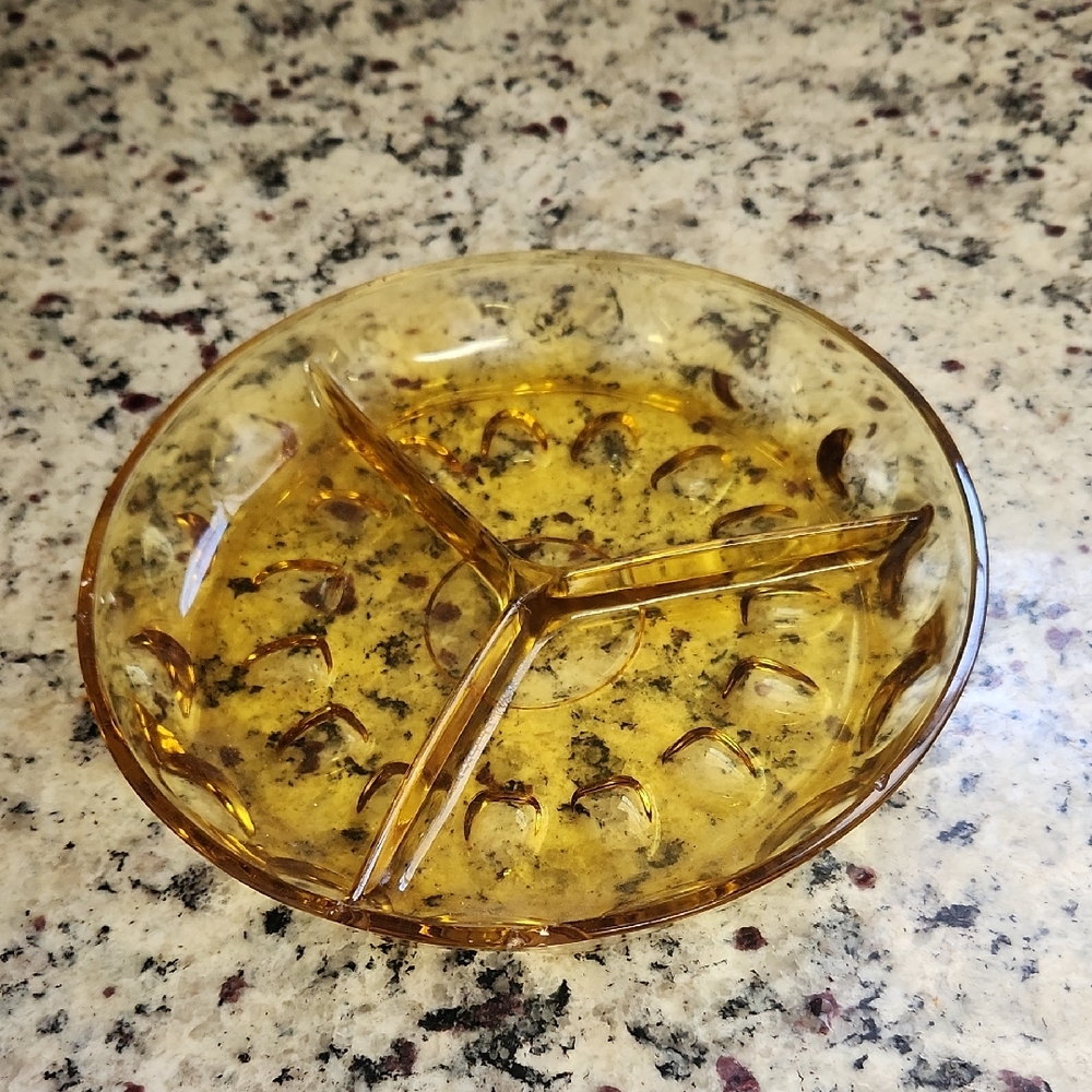 Three Part Relish Golden Amber Glass Reflection Hazel Atlas Glass Vintage
